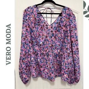 VERO MODA Curve | Floral Peplum Blouse Long Sleeve V-Neck Pink Purple | Size 18